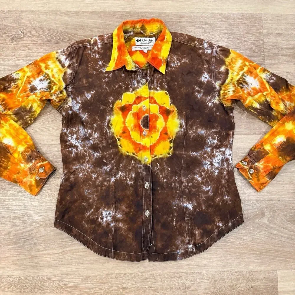 Vintage 90s Tie Dye Top Shirt Size Medium Brown Orange Cotton Hippie Artsy Boho
